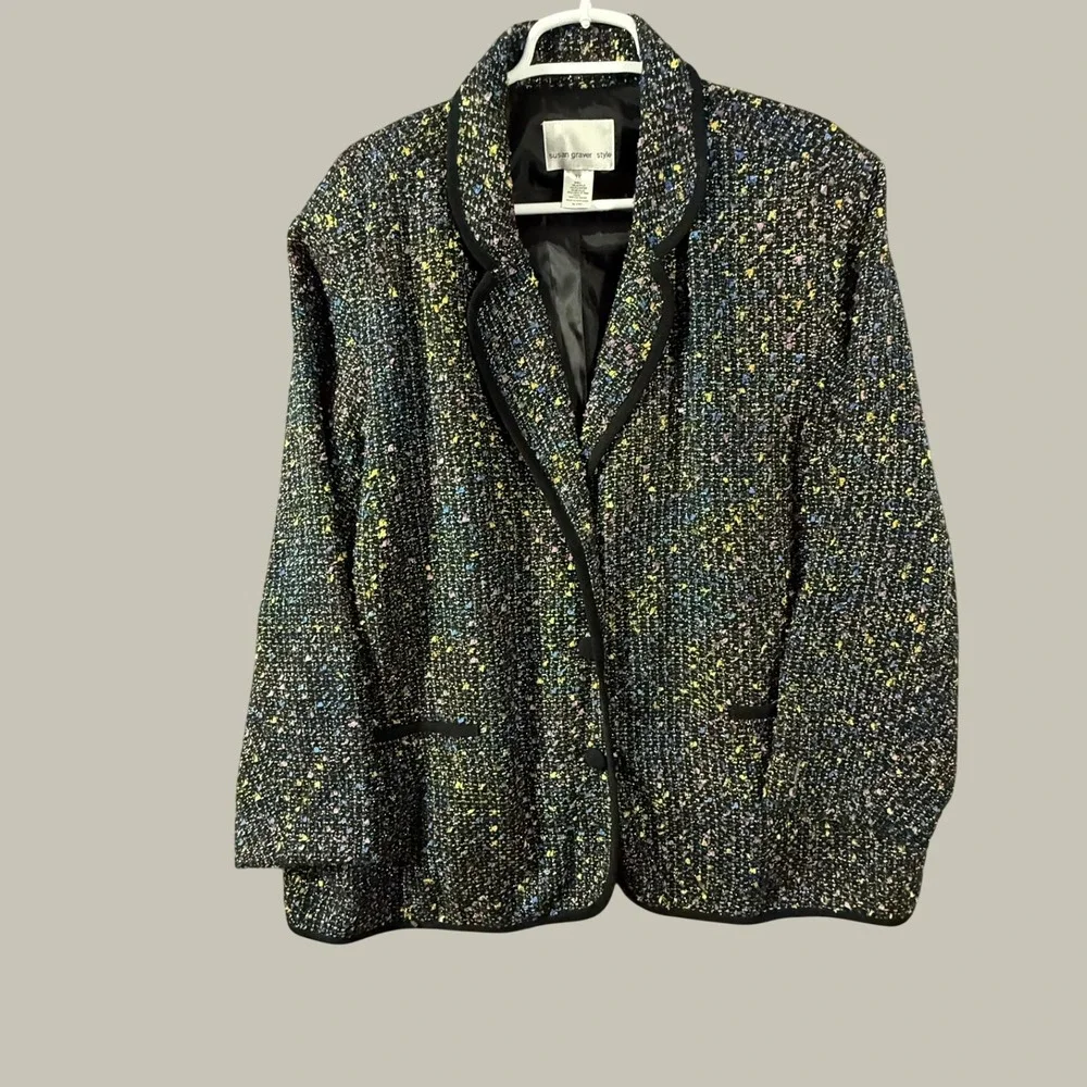 Susan Graver Style Multi Color Confetti Tweed Blazer Metallic Trim 3X Womens
